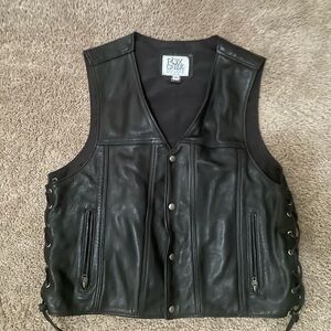 Black Leather Motorcycle Vest Sleeveless Jacket